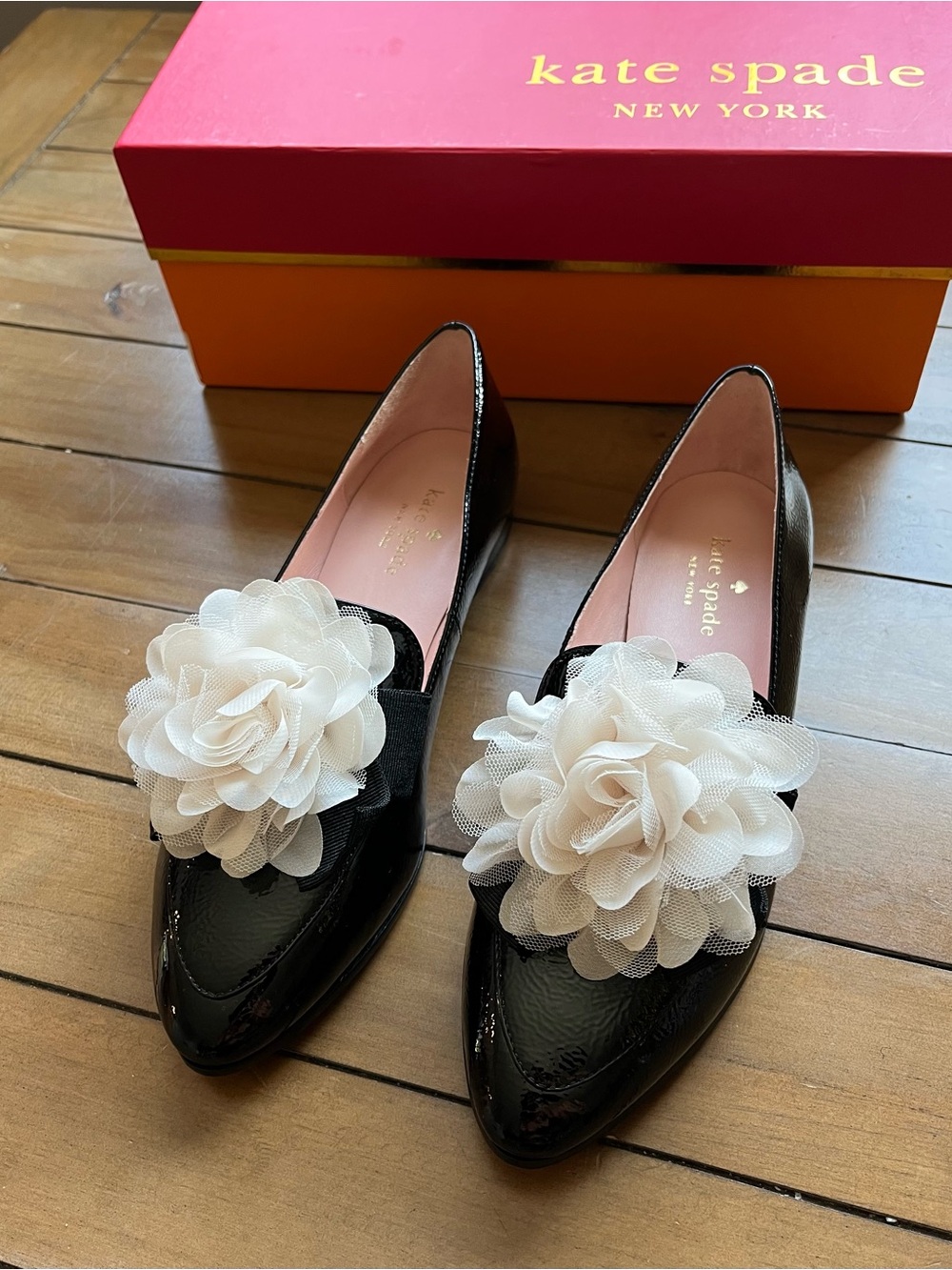 kate spade Black Patent Loafers with White Floral Pom Details